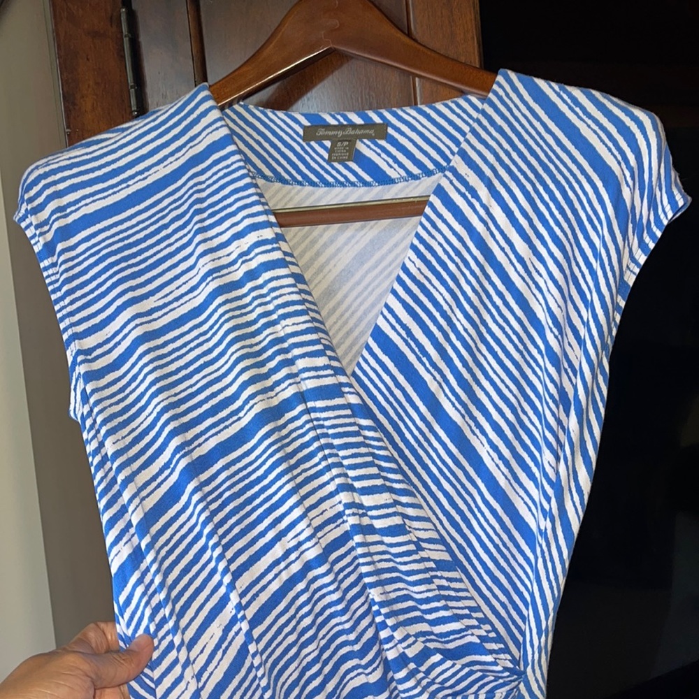 Tommy Bahama Cap Sleeve Clara Faux Wrap Dress Zebra Striped Blue and White